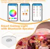 A collage showing a smart ceiling light with a Bluetooth speaker, its app interface, and a party scene. Voir les images du produit