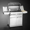 A stainless steel gas grill with its lid open, set against a dark gray gradient background. Produktbild-Vorschau