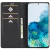 A black leather wallet-style phone case is open, showing card slots and a bill compartment on the left, and a smartphone with a colorful wallpaper on the right. Produktbild-Vorschau