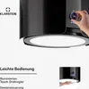 A close-up of a black range hood with a hand adjusting a control knob, and text describing features. Produktbild-Vorschau