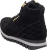 A side view of a black suede high-top sneaker with gold zipper accents and a thick gray and black sole. Produktbild-Vorschau