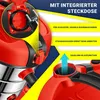 Close-up of a red and silver industrial vacuum cleaner with text overlays highlighting its features. Produktbild-Vorschau
