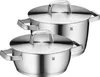Two stainless steel pots with lids are displayed against a white background. Produktbild-Vorschau