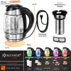 A collage showing a glass and stainless steel electric kettle with various dimensions, accessories, and temperature settings for different beverages. Produktbild-Vorschau