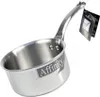 A stainless steel saucepan with a long handle, shown from a slightly elevated angle against a white background. A product tag is attached to the handle. Produktbild-Vorschau