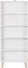 A tall, narrow, white bookshelf with five shelves and light wood legs. Náhľad obrázku produktu