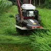 A person is using a rotary mower to cut tall grass in a field. Produktbild-Vorschau