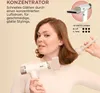A woman is using a white hairdryer with a concentrator attachment to style her hair. The image also includes a close-up of the hairdryer nozzle and a diagram of its settings. Voir les images du produit