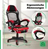 A gaming chair with ergonomic measurements shown in diagrams. Produktbild-Vorschau