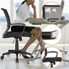 A woman is sitting at a desk in an office chair, with close-up shots of the chair's mesh back and armrest. Produktbild-Vorschau