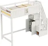 A white loft bed with integrated storage and stairs, shown against a white background. Náhled obrázku produktu