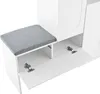 A close-up view of a white shoe cabinet with a gray cushioned seat and open compartments. Náhľad obrázku produktu