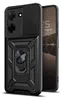 A black phone case with a ring holder and camera cover is shown next to a smartphone. Produktbild-Vorschau