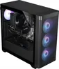 A black gaming PC with RGB lighting visible through a glass side panel. Produktbild-Vorschau