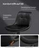 A close-up marketing image of a black bar stool, highlighting its design and comfort features with German text overlays. Produktbild-Vorschau