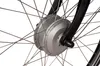 A close-up view of the front hub of an electric bicycle, showing the motor housing and spokes. Produktbild-Vorschau