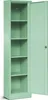 An open, tall, narrow, light green metal cabinet with shelves, set against a white background. Podgląd zdjęcia produktu