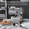 An espresso machine is displayed on a countertop with bread and coffee beans, suggesting a coffee-making experience. Produktbild-Vorschau