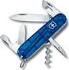 A close-up studio shot of a blue transparent Victorinox Swiss Army knife with several tools extended. Produktbild-Vorschau
