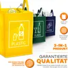 Three recycling bins labeled for plastic, glass, and paper, with icons and text describing their features and quality. Produktbild-Vorschau