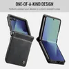 Two views of a black leather flip phone case, one showing the back with a card slot and the other showing the front with the phone open. Produktbild-Vorschau