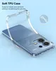 A clear phone case is shown on a blue background, highlighting its transparency and flexibility. Produktbild-Vorschau