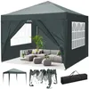 A collage of images showing a pop-up gazebo, its folded form, and a carrying bag, with a lifestyle shot of the gazebo set up with furniture inside. Produktbild-Vorschau