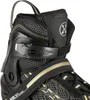 A close-up view of a black and gold inline skate. Voir les images du produit