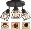 A black ceiling lamp with three adjustable spotlight heads, each with a geometric metal cage and an Edison-style bulb. The lamp is shown against a white background, with smaller inset images showing different angles and applications of the lamp. Produktbild-Vorschau