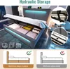 A bed with hydraulic storage, showing its open state and features like bed end strap and stopper. Also includes diagrams illustrating mattress placement. Produktbild-Vorschau