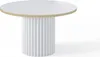 A white round table with a gold rim and a fluted white base is shown against a white background.
