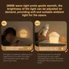 Two scenes showing a mushroom-shaped night light in different brightness settings, with text describing its features. Podgląd zdjęcia produktu
