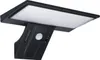 A black solar-powered wall light with a motion sensor and remote control is shown against a white background. Produktbild-Vorschau