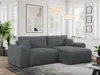 A modern living room with a large, dark gray corduroy sectional sofa as the main focus. The sofa is placed on a rug in front of a window with natural light. Decorative elements like plants and artwork are visible.