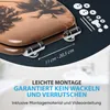A toilet seat with a tropical palm tree design is shown, with mounting hardware and text highlighting ease of installation and stability. Náhled obrázku produktu