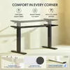 A collage showing a black adjustable standing desk frame from different angles, with close-ups of its features like hooks and anti-slip pads, and informational text overlays about its benefits. Náhled obrázku produktu