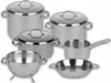 A set of stainless steel cookware is displayed against a white background. Produktbild-Vorschau
