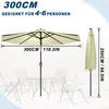 An open and a closed patio umbrella with dimensions indicated, and a table and chairs in the background. Produktbild-Vorschau
