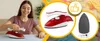 A collage of images showing a young woman ironing, a close-up of a red and white travel iron, and a close-up of the soleplate of an iron. Produktbild-Vorschau
