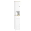 A tall, narrow white bathroom cabinet with slatted doors and a wood-effect top. Produktbild-Vorschau