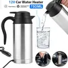 Collage showing a 12V car water heater, water being poured into a glass, and a hand plugging the heater into a car's cigarette lighter socket. Náhled obrázku produktu