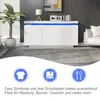 A white sideboard with blue LED lighting is shown in a modern living room setting, with icons and text below indicating storage capabilities. Anteprima dell’immagine prodotto
