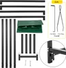 A collection of parts and accessories for a firewood rack, including metal frame pieces, a green cover, and tools. Produktbild-Vorschau