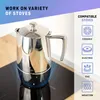 A sleek, silver stovetop coffee maker sits on a modern black induction stove, with graphic icons indicating compatibility with various stove types. Náhled obrázku produktu