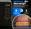 A marketing image for a microwave, showing its control panel and an interior shot of a pizza being cooked. Produktbild-Vorschau