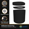 A product image showing a black trash can with its lid and inner ring disassembled, accompanied by feature callouts. Anteprima dell’immagine prodotto