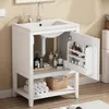 A white bathroom vanity with a sink and an open cabinet showing storage shelves and various toiletries. Voir les images du produit
