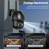 A black outdoor security camera mounted on a wall, with beams of light emanating from it, and two inset images showing night vision capabilities. Náhled obrázku produktu