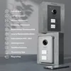 Two intercom units are shown, one above the other, mounted in concrete-like housings. Text describing features is on the left. Produktbild-Vorschau