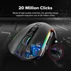 A gaming mouse with RGB lighting and internal components visible, set against a dark, abstract background. Produktbild-Vorschau